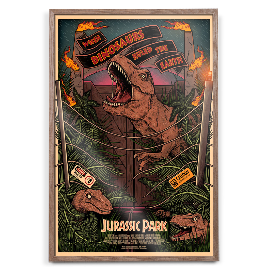 Jurassic Park Movie Poster By Sam Dunn in natural frame