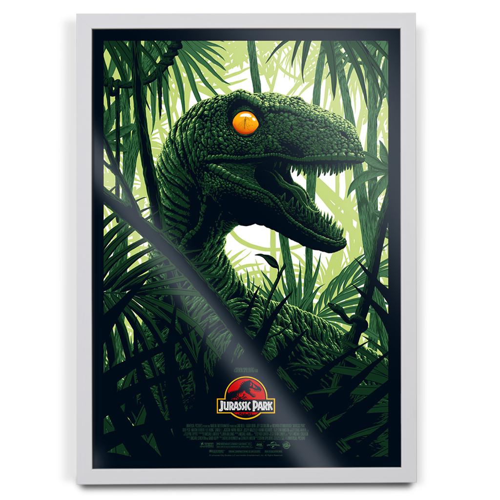 Jurassic Park Raptor Editions movie poster by Florey in white frame