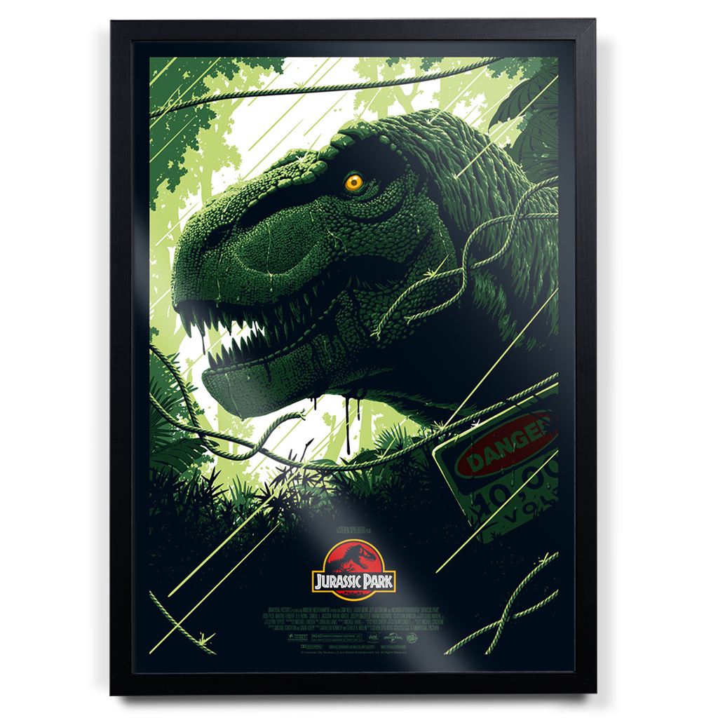 Jurassic Park T-Rex Editions Movie Poster By Florey in black frame