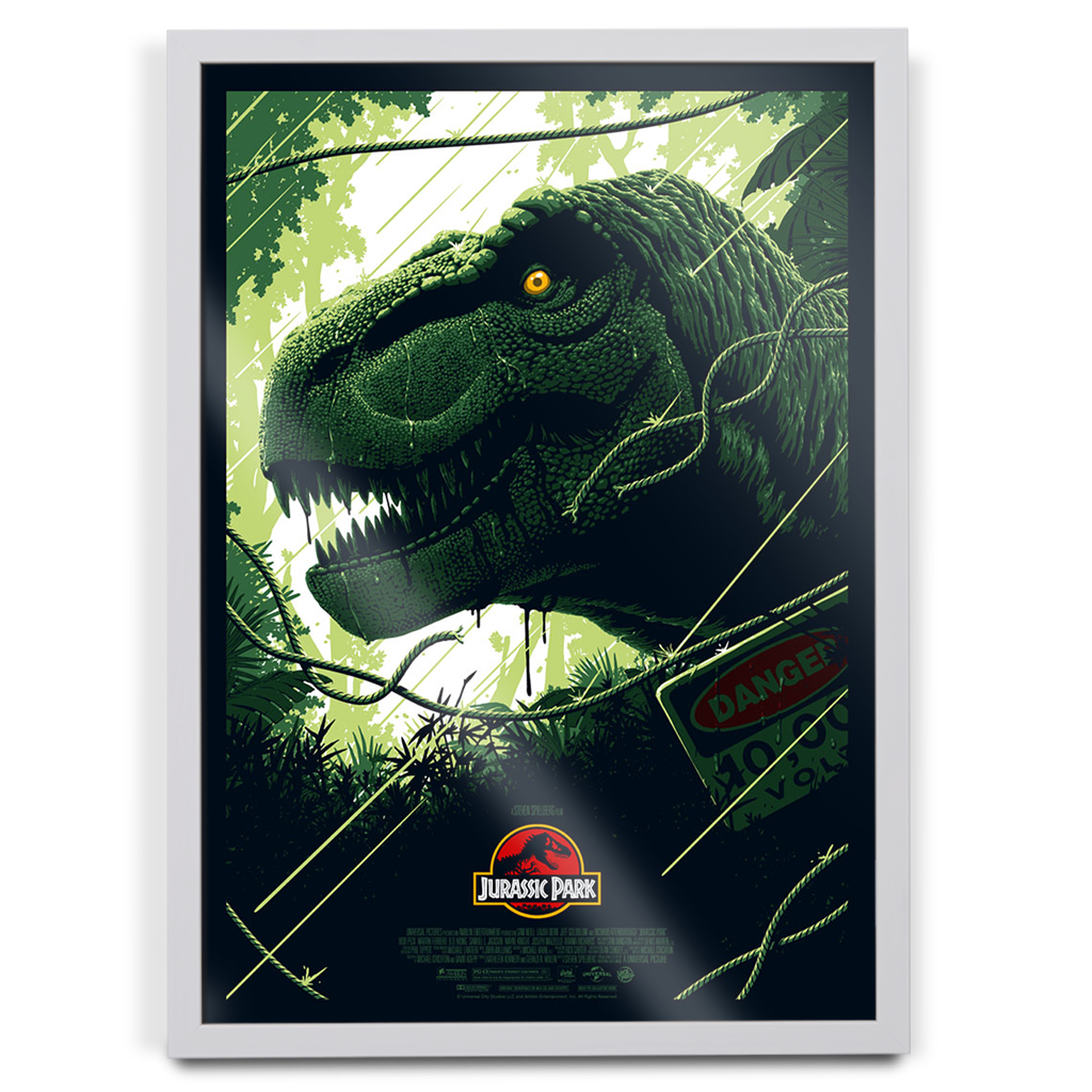 Jurassic Park T-Rex Editions Movie Poster By Florey in white frame
