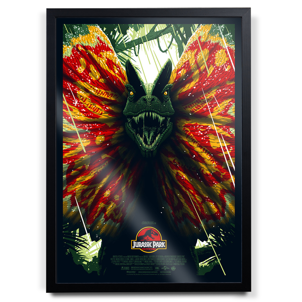 Jurassic Park Dilophosaurus movie poster by florey in black frame