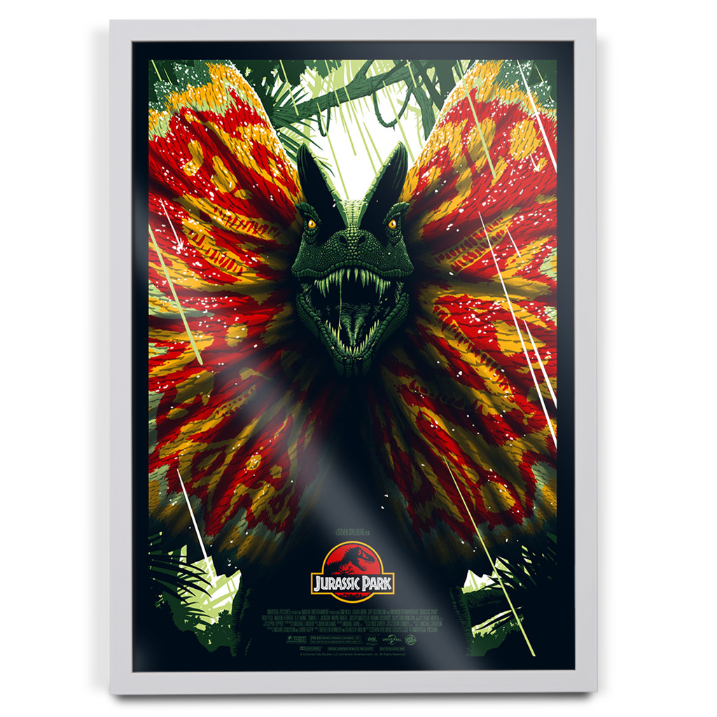 Jurassic Park Dilophosaurus movie poster by florey in white frame