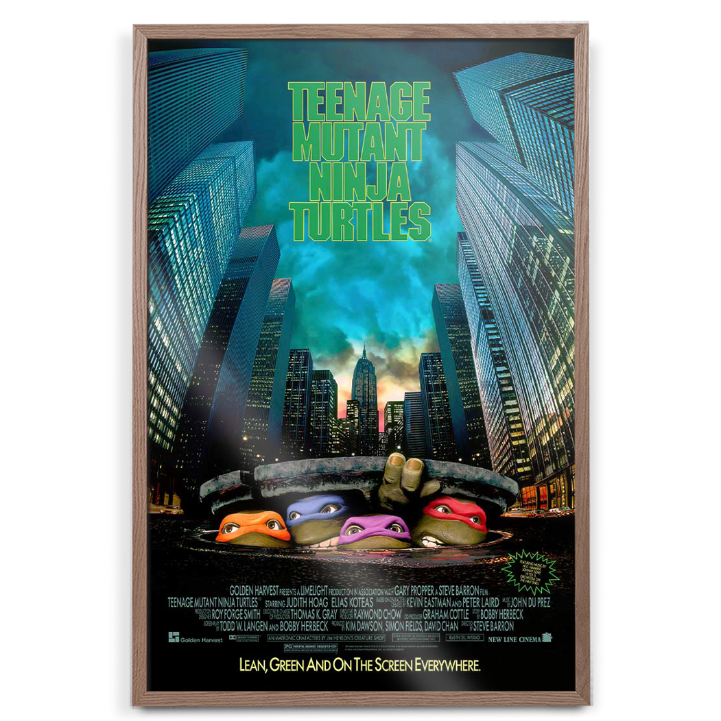 Teenage Mutant Ninja Turtles original theatrical movie poster in natural oak frame
