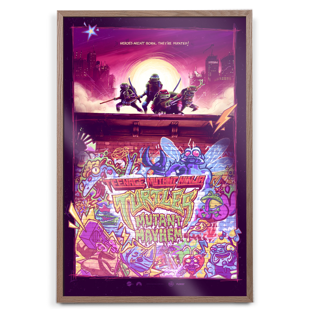 Teenage Mutant Ninja Turtles Mutant Mayhem Poster By Florey in natural frame