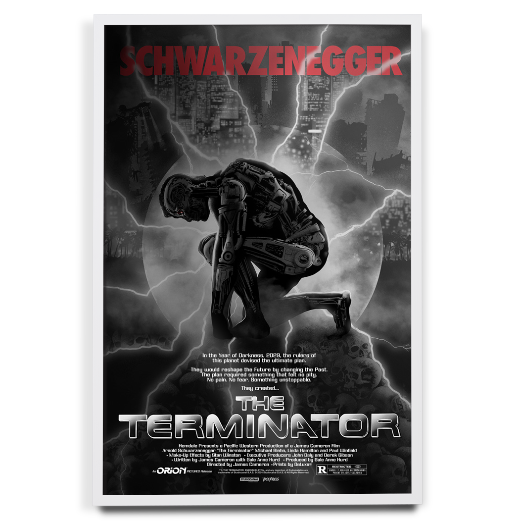 The Terminator Foil Variant movie poster by Raid 71 in white frame