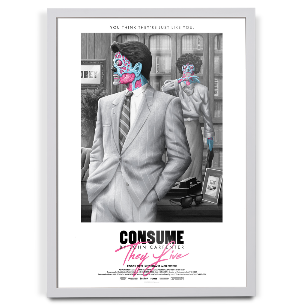 John Carpenter's They Live Editions Movie Poster By Florey in white frame