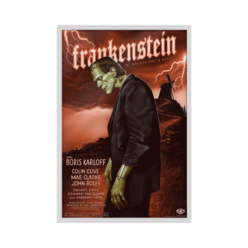 Frankenstein Universal Monsters Movie Poster by Sara Deck in white frame