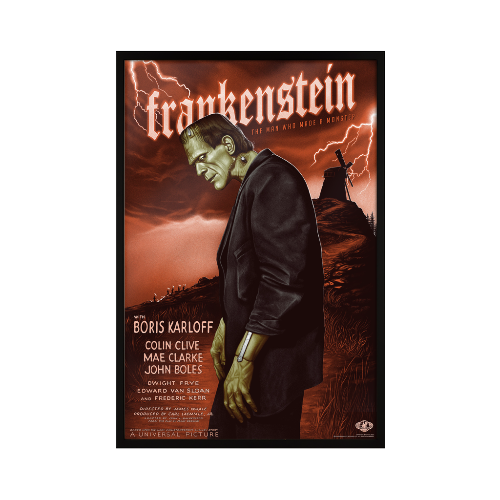 Frankenstein Universal Monsters Movie Poster by Sara Deck in black frame