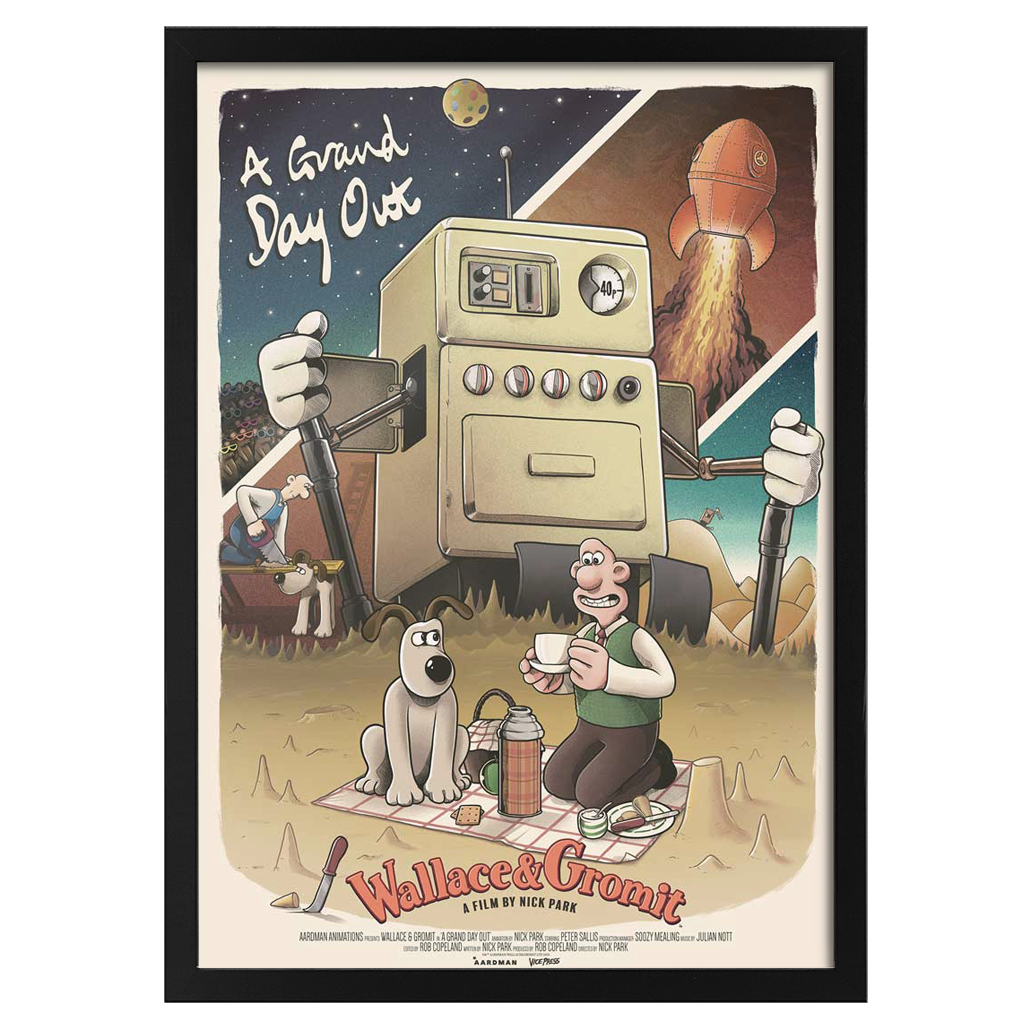 Wallace and Gromit in a grand day out art print poster in Black frame by Mark Bell